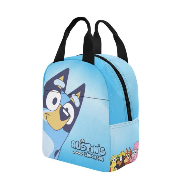 Personalized Bluey Meal Bag — the larger 9.8 x 9.1 x 6.3 inch bag with twin top handles and a front zip pocket, printed with Bluey's face, the child's name and the Heeler gang along the bottom.