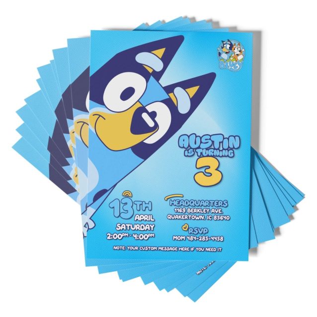 A personalized Bluey party invitation with a colorful design featuring the Heeler family.