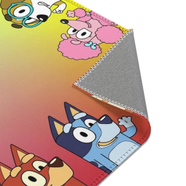 Custom Bluey rug printed with a child's name, Bluey and Bingo on a soft kids bedroom rug