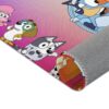 Laid out for playtime, a Bluey area rug you can personalize with a name, Bluey and Bingo on non-slip pile