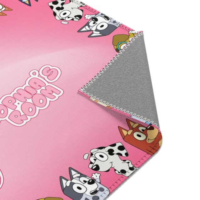 Personalized Bluey area rug you can add a name to, Bluey and Bingo on a soft washable kids floor rug