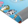 The personalized Bluey rug shown flat with Bluey and Bingo, add a name to this washable kids floor rug
