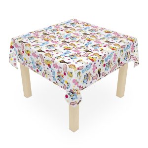 Bandit and Chilli Heeler featured on a vibrant orange and blue party table cover.