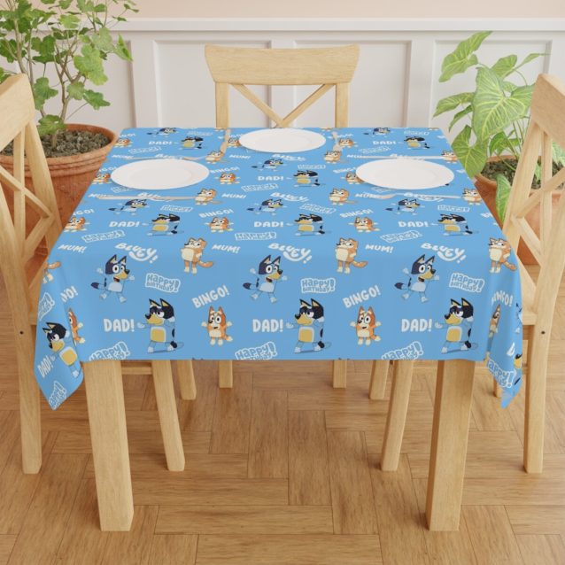 Custom Bluey table cover featuring child's photo and 'Happy 3rd Birthday' text.