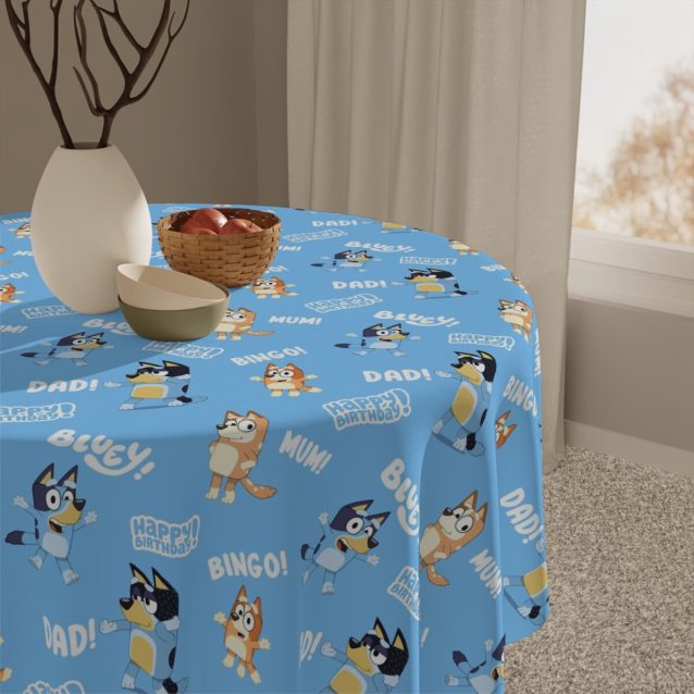 Heeler family backyard scene printed on durable 60x84 inch rectangular tablecloth.