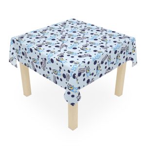High-definition dye-sublimation print detail of Bluey characters on fabric.