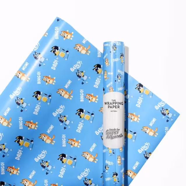 Different designs available for the Bluey character wrapping paper.