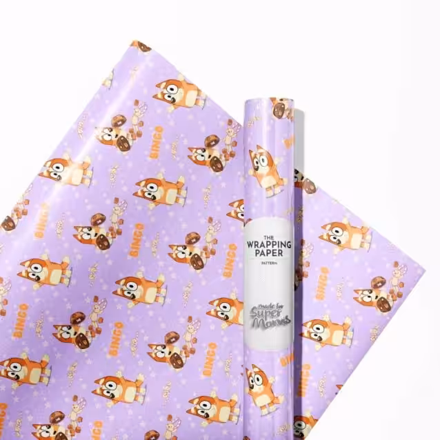 Bluey wrapping paper showcasing a playful scene with Bandit and Chilli.