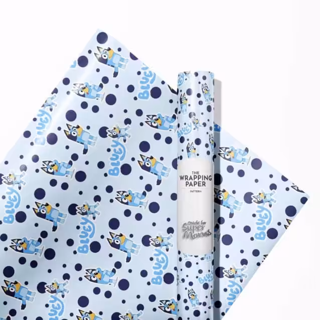 A neatly wrapped present using the 30"x180" Bluey wrapping paper roll.
