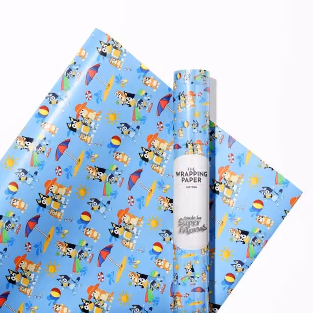 Edge-to-edge print detail on the Bluey birthday wrapping paper.