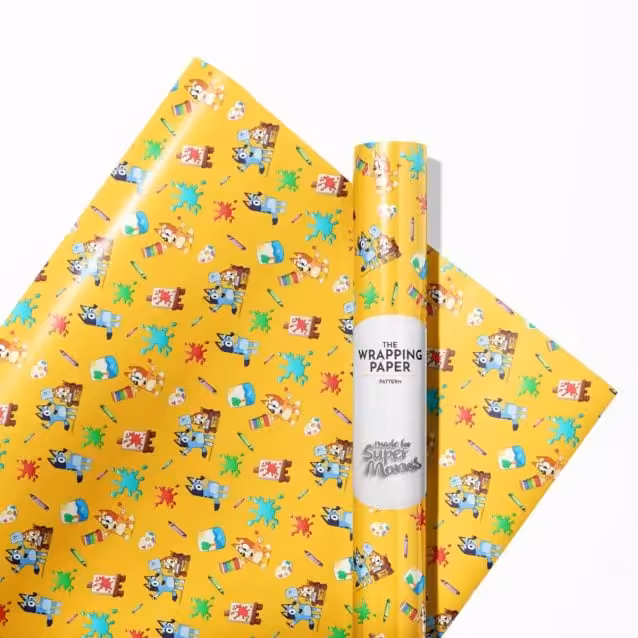 Multiple rolls of Bluey wrapping paper in various available sizes=