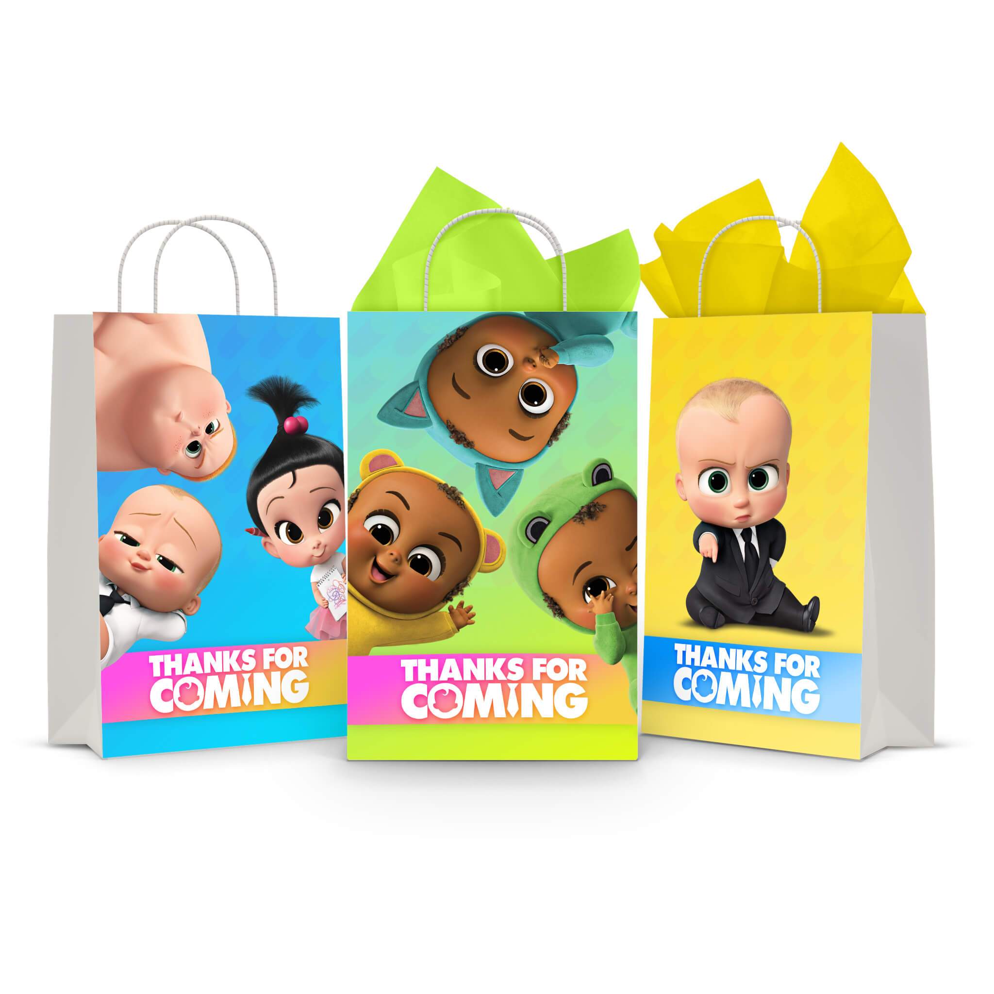 Three printable Boss Baby goodie bag fronts on paper party bags — the Boss with his baby crew, the Triplets together, and the Boss sitting in his suit and tie, each with a "Thanks For Coming" banner.