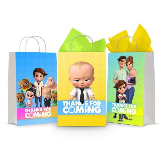 Three printable Boss Baby goodie bag fronts on paper party bags — Tim and the Boss with the other babies, a close-up of the Boss with arms folded, and the whole family together, each with a "Thanks For Coming" banner.
