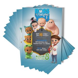 A playful Boss Baby party invitation featuring the main character and friends.