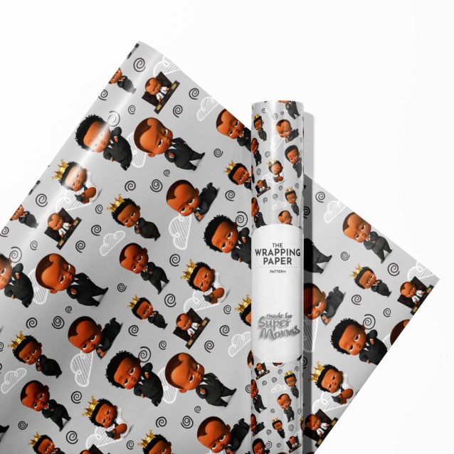 Edge-to-edge print detail of Boss Baby characters on wrapping paper.