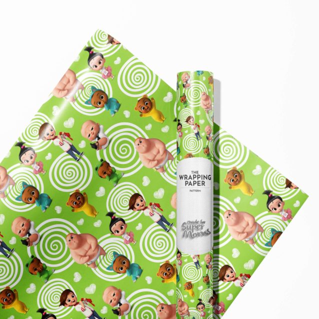 Boss Baby party supplies featuring themed wrapping paper.