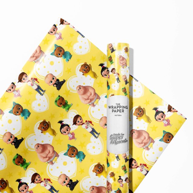 A stack of presents all wrapped in different Boss Baby wrapping paper designs.