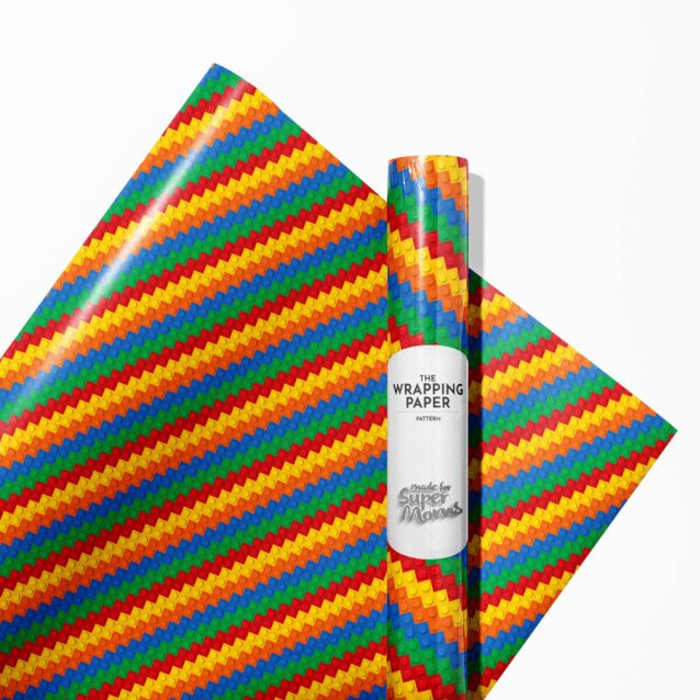 Different available designs of Lego wrapping paper rolls.