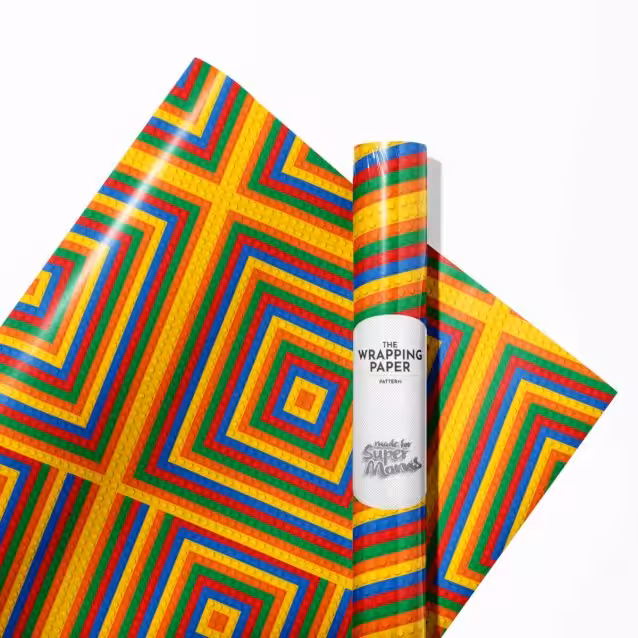 Lego wrapping paper showcasing a pattern of classic Lego bricks.