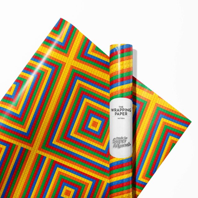 Lego wrapping paper showcasing a pattern of classic Lego bricks.