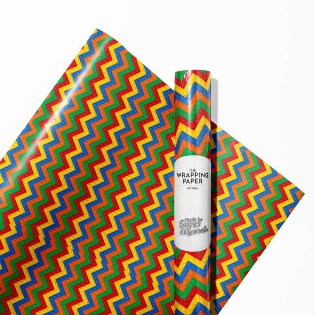 Hero shot of a single roll of Lego birthday wrapping paper.