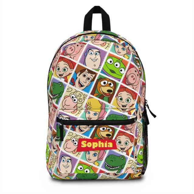 Custom personalized Buzz Lightyear kids school backpack featuring a green waterproof exterior and Space Ranger graphics.