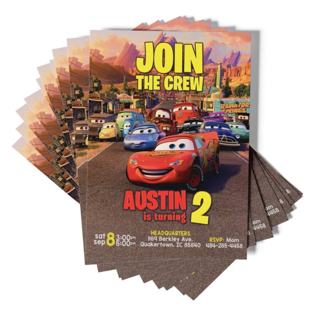 Personalized Lightning McQueen birthday invitation with party details.