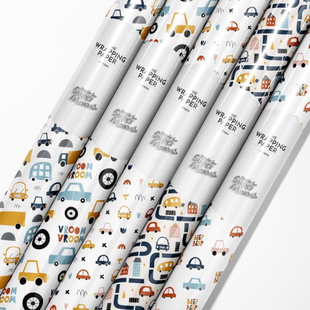 Roll of glossy Cars Wrapping Paper featuring colorful race car designs.