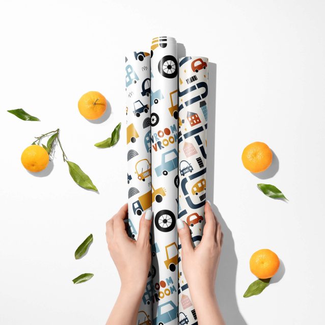 Close-up of vibrant Edge-to-Edge print on Cars Wrapping Paper showcasing sports cars.