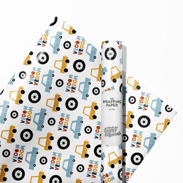Children's hands excitedly unwrapping a present covered in our Cars Wrapping Paper.
