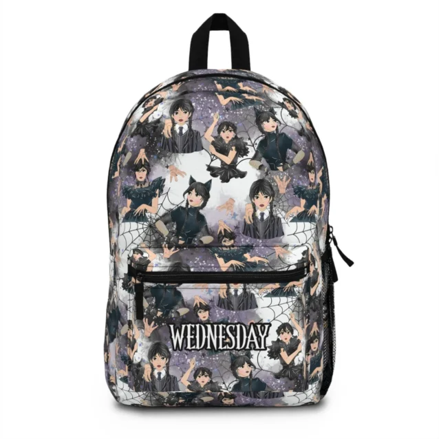 Personalized Wednesday Addams 'Little Storm Cloud' daypack for kids featuring colorful stained glass graphics and side water bottle pockets.