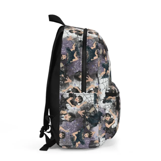 Side angle of the custom Wednesday Addams kids school backpack displaying the spacious main compartment depth and waterproof canvas exterior.