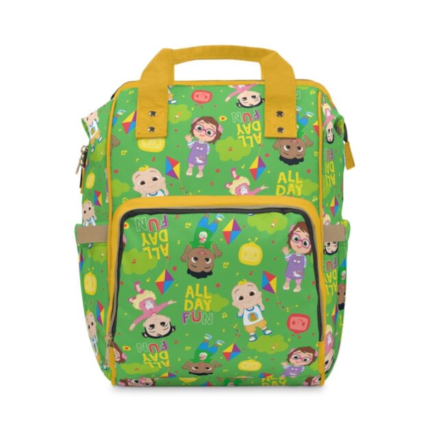 Green Cocomelon diaper bag backpack with JJ and friends and an "All Day Fun" print.