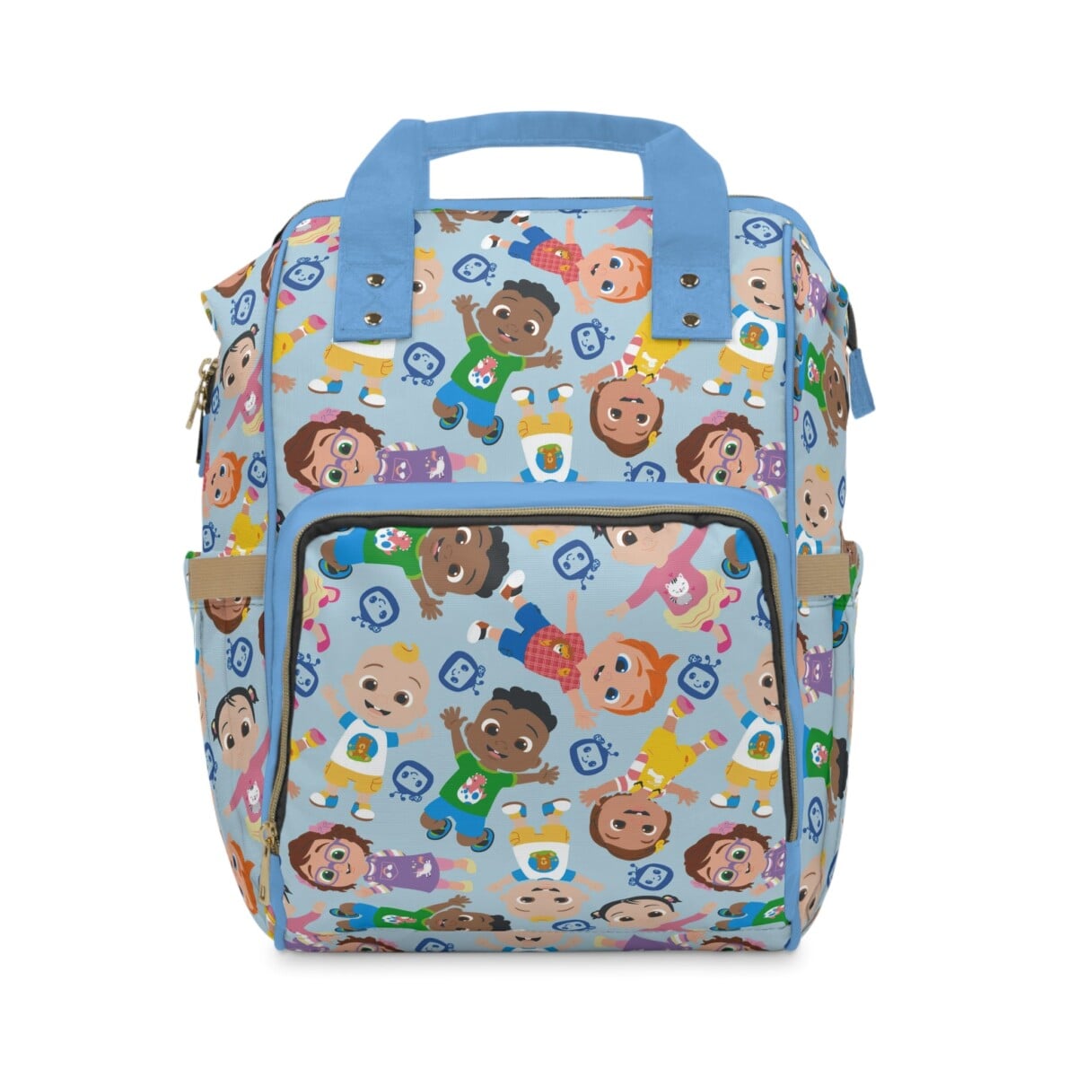 Light blue Cocomelon nappy bag with a toss of JJ and Cocomelon friends portraits.