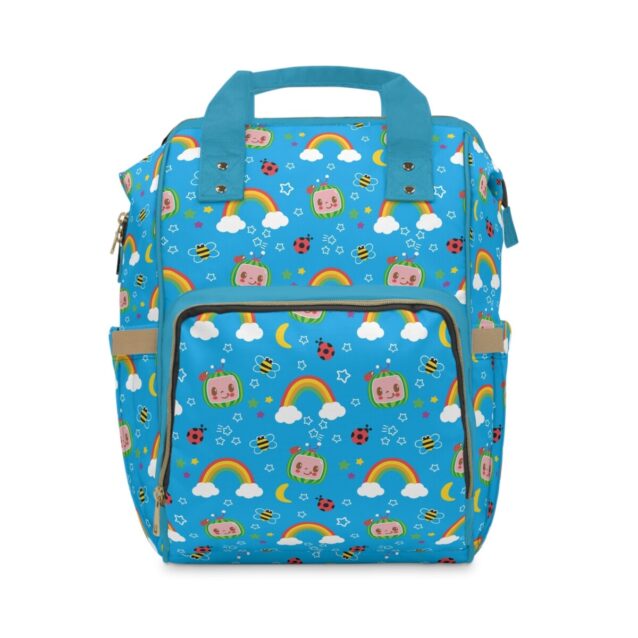 Bright blue Cocomelon diaper bag with rainbows, clouds and watermelon icons.