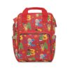 Red Cocomelon diaper bag backpack with JJ, ABC letters and Cocomelon friends, the baby's name printed on the front pocket.