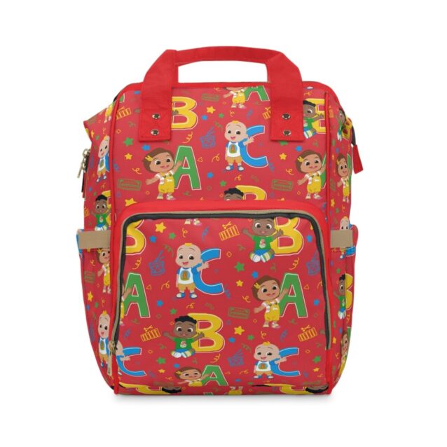 Red Cocomelon diaper bag backpack with JJ, ABC letters and Cocomelon friends, the baby's name printed on the front pocket.
