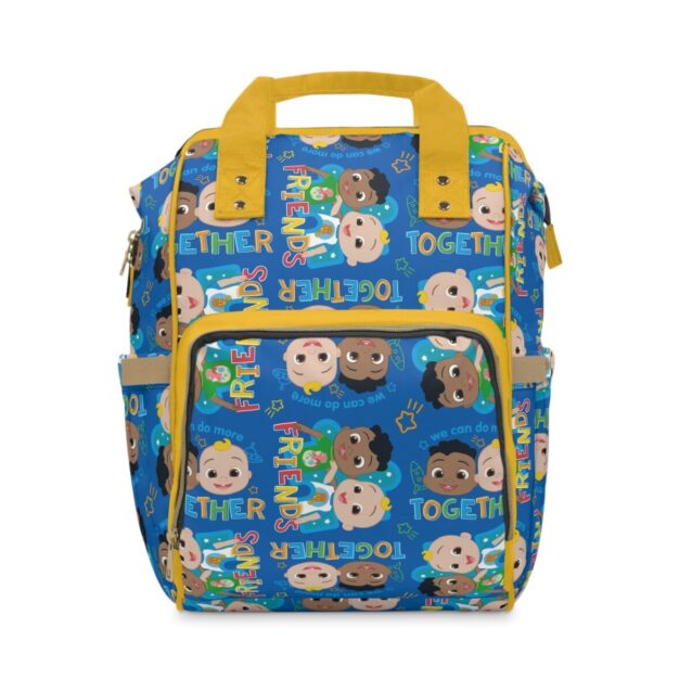 Blue Cocomelon diaper bag with JJ, friends and a "Together" lettering print.