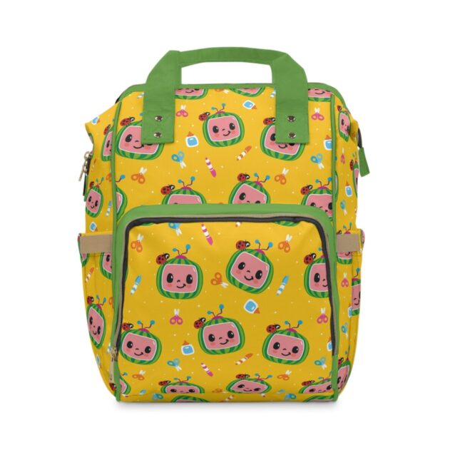 Yellow Cocomelon diaper bag backpack with the watermelon logo print.