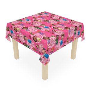 Custom pink background Cocomelon tablecloth with uploaded photo of toddler for birthday party.