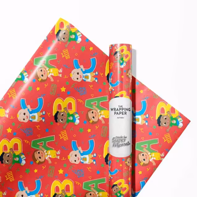 "Collection of Cocomelon character designs available on wrapping paper."