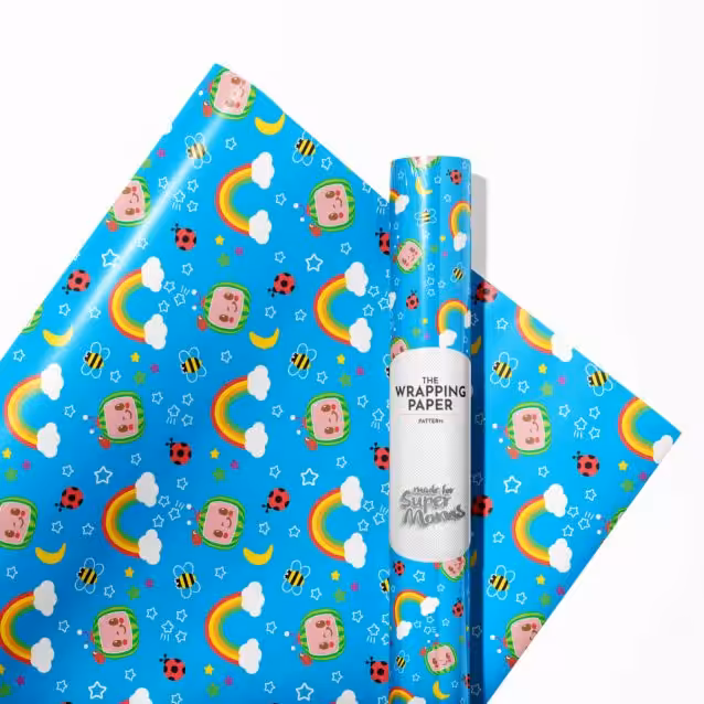 "Cocomelon birthday wrapping paper showcasing a party scene with JJ, YoYo, and TomTom."
