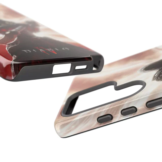 Angled shot of the Diablo 4 Inarius phone case showing the clear, open ports.