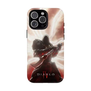 The Diablo 4 Inarius phone case being charged wirelessly on a charging pad.