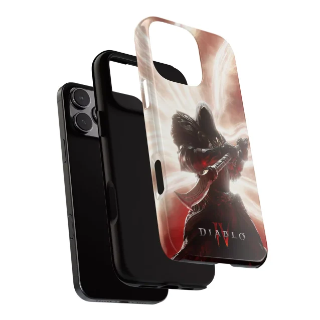 The back of the Diablo 4 phone case showcasing the detailed Archangel Inarius artwork.