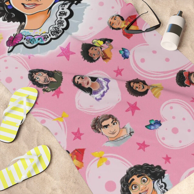 A close-up of the one-sided Encanto print with Mirabel on this soft, quick-dry kids beach towel.