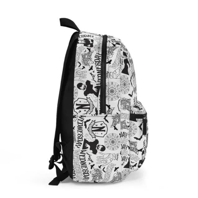 Side view of the custom printed Wednesday Addams travel backpack showing the thick, ergonomic padded shoulder straps and sturdy zipper profile.