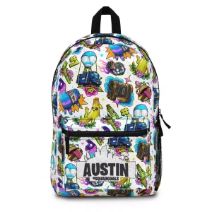 Customizable Fortnite backpack for kids, featuring battle royale characters and a personalized name on the front pocket.