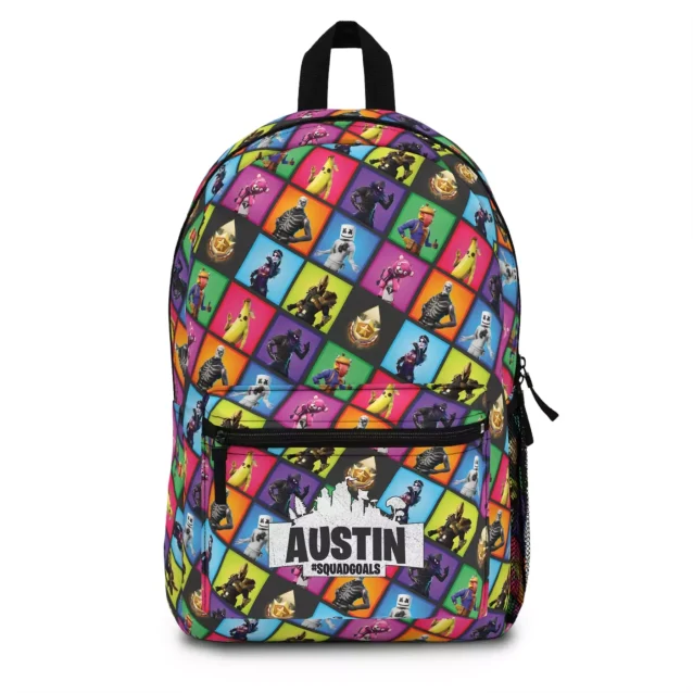 A student wearing a personalized Fortnite backpack bookbag for school, ready for the classroom and gaming adventures.