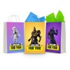 Three printable Fortnite goodie bag fronts on paper party bags — Marshmello on lilac, the Black Knight on gold and Raven on purple, each with a yellow "Supply Drop — For You!" banner.